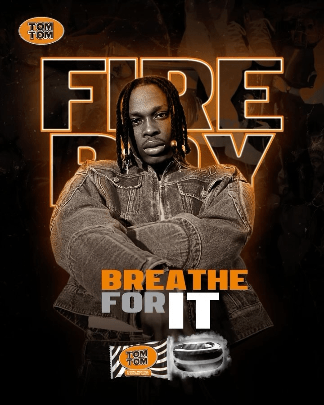 Fireboy with folded arms on a tomtom advert reading breathe for it